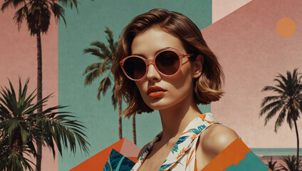 Wall Mural - Chic female summer mood collage stylish woman in sunglasses vintage cut-and-paste palm trees vibrant elements