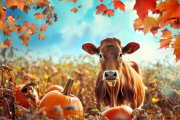 Wall Mural - Autumn Cow Among Harvest Pumpkins and Colorful Leaves - Perfect for Fall Decorations or Seasonal Cards