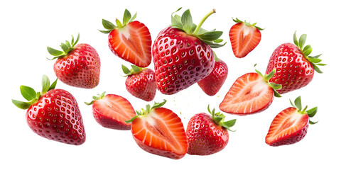 Strawberries and sliced strawberry flying in the air, isolated on white background. Falling strawberry isolated on white background.