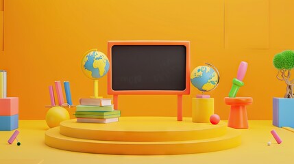 3D Rendering back to school interior study room for children cute icon cartoon style. 3D Render illustration. AI generated illustration