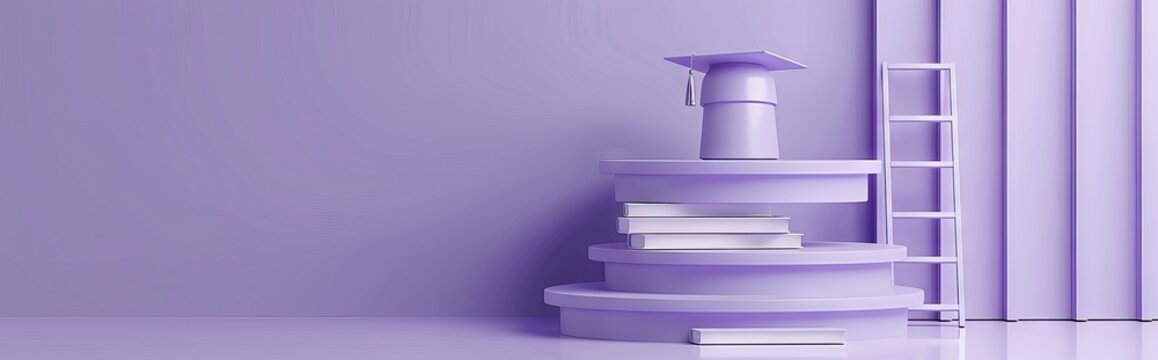 3D rendering of a podium with a graduation hat, ladder and books on a purple background. AI generated illustration