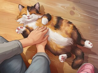 Wall Mural - A person petting a cat on the floor next to their feet, AI