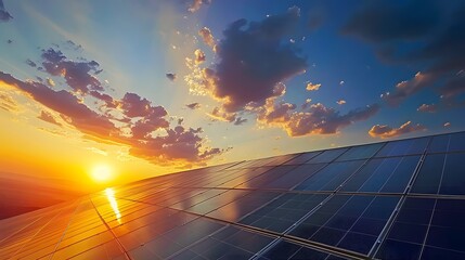 Wall Mural - Solar panels at sunset. Renewable energy, clean power, and sustainability.
