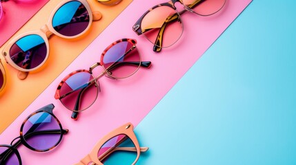 Canvas Print - Concept of sale for sunglasses and eyeglasses. Background with stylish sunglasses. Fashionable summer accessories. Blank space for text. Summer discount event at optical store. Round-framed eyewear.