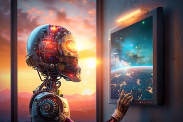 Canvas Print - Futuristic Robot with AI Interface and Glowing Elements, Symbolizing Advanced Technology and Innovation