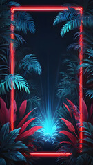 Wall Mural - Glowing neon rectangle Tropical plants Led light vertical background Copy space