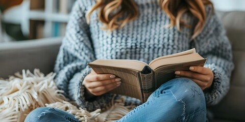 Wall Mural - Woman in cozy sweater reading book at home in leisure time. Concept Cozy Sweater, Reading Book, Leisure Time, Home Setting, Woman Reading