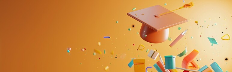 Canvas Print - concept of obtaining higher education. stack of books and graduate cap on a blue background. 3d render. illustration. AI generated illustration