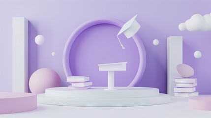 Sticker - 3D rendering of a podium with a graduation hat, ladder and books on a purple background. AI generated illustration