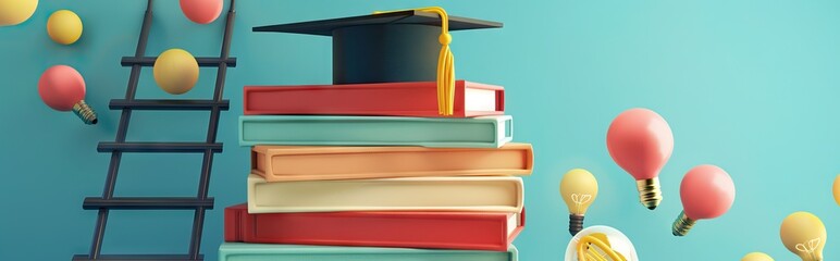 Wall Mural - Graduation cap on books, back to school concept 3D rendering. AI generated illustration