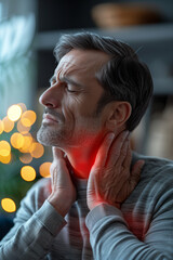 Selective focus of Caucasian man having neck pain inside home.