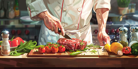 A chef deftly handles fresh ingredients, preparing a gourmet meal for their hungry customers. (brown)