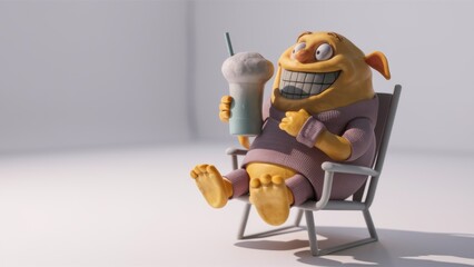 Sticker - A cartoon character sitting in a chair holding an ice cream drink, AI