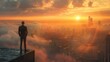 © tanapat - Create a high-quality image of a man in a suit standing on a ledge, overlooking a foggy city at sunrise