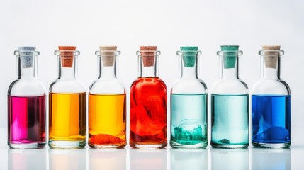 Wall Mural - Glass bottles on white background isolate, yellow, blue, green, orange, red bottles. Glassware with Colorful Ingredients. Magic mixture, alchemist or sorcerer lab. Chemistry glass tubes and beakers