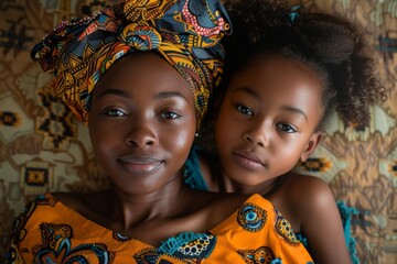 African woman with daughter lying on carpet, Generative AI