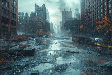 Wall Mural - a desolate cityscape with crumbling skyscrapers, illustrating a post-apocalyptic world. concept of u