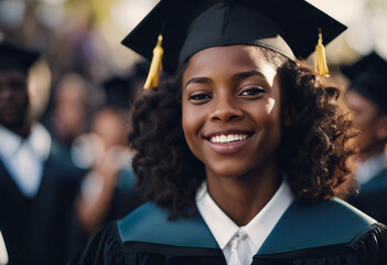 Portrait of a black American girl with a beautiful and sincere smile at a university graduation cere 

