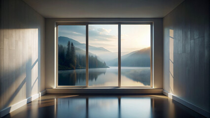 beautiful luxury window with a view on nature landscape, travel vacation concept background