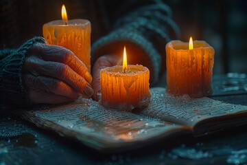 Wall Mural - A person writing in a journal by candlelight, showcasing documentation. Concept of recording history and reflection. Generative Ai.