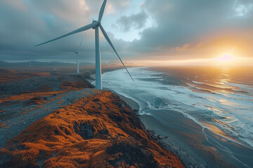 Wall Mural - A wind turbine farm on a coastal plain, representing renewable energy. Concept of clean energy and environmental preservation. Generative Ai.