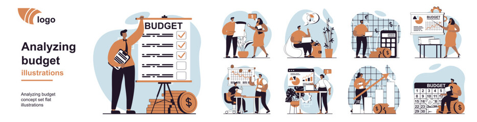 Poster - Analyzing budget concept with people scenes mega set in flat web design. Bundle of character situation with bookkeeping doing accounting, calculate financial statistics in report. Vector illustrations