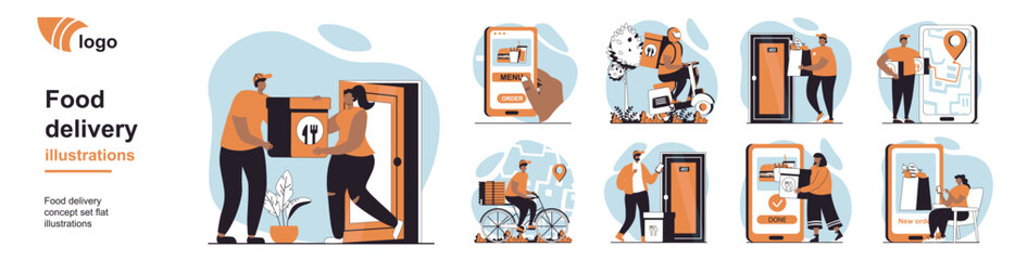 Aufkleber - Food delivery concept with people scenes mega set in flat web design. Bundle of character situation with couriers shipping box order, express shipment with tracking map at app. Vector illustrations.