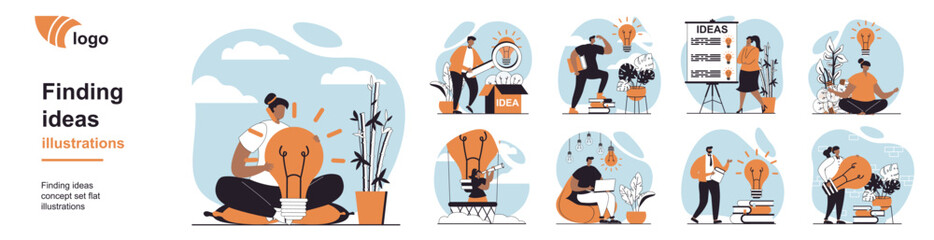 Fototapete - Finding ideas concept with people scenes mega set in flat web design. Bundle of character situation with brainstorm, develop project plan, create strategy, thinking and solving. Vector illustrations.