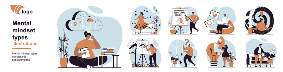 Aufkleber - Mental mindset types concept with people scenes mega set in flat web design. Collection of scenes people with logical, creative, abstract, analytical and other intelligence. Vector illustrations.