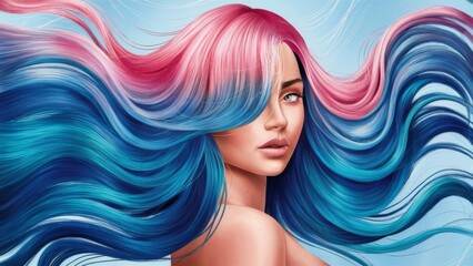 Canvas Print - A woman with blue and pink hair is shown in a digital painting, AI