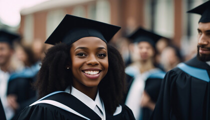 Portrait of a black American girl with a beautiful and sincere smile at a university graduation cere 
