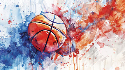 Sticker - Captivating Watercolor Basketball with Energetic Abstract Graphics and Ample Copy Space for Text Overlay or Branding