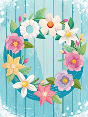 Sticker - Colorful floral wreath hanging on a wooden fence.