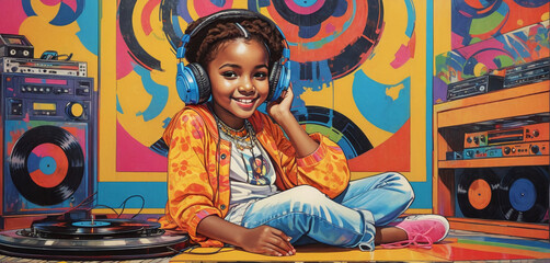 Illustrative image of a child sitting in a music room, enjoying and listening to music from a record player through headphones