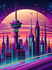 Canvas Print - Futuristic cityscape with glowing neon lights.