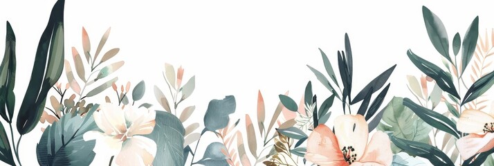 Wall Mural - Elegant and delicate watercolor tropical leaf border with delicate floral accents,set against a muted palette and plain white backdrop,showcasing a refined and composition.