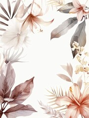 Wall Mural - Elegant watercolor leaf frame with subtle handpainted floral details,featuring a muted color scheme and minimal white background,creating a calming and serene botanical aesthetic.
