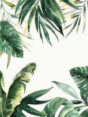 Wall Mural - Exquisite watercolor painting of a tropical leaf border with handcrafted exotic florals in a muted color scheme against a simple,elegant white background.
