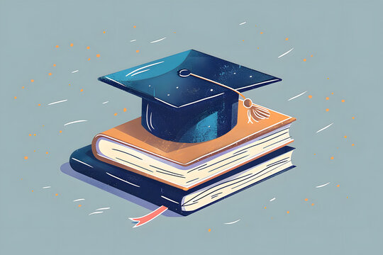  Illustration of graduation cap placed on top of closed book, representing academic achievement and education. University. Celebration, degree, accomplishment, success, achievement
