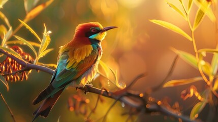 A vibrant European Bee-Eater bird perches on a branch, its feathers illuminated by the setting sun