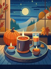 Canvas Print - Autumn table setup with pumpkins and candles.