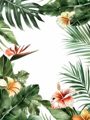 Wall Mural - Refined watercolor tropical leaf frame with handpainted exotic floral accents,showcasing an understated color palette and simple white background for an elegant,botanical design.