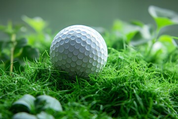 A detailed close-up photo of a white golf ball blending with lush green grass under daylight, likely on a golf course or garden, with a blurry background adding depth.