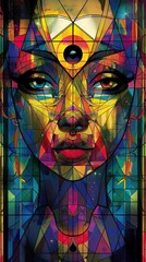 Wall Mural - A colorful abstract painting of a woman's face with a large eye and a small eye