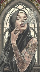 Wall Mural - A woman with tattoos on her arms and a scarf around her head smokes a cigarette