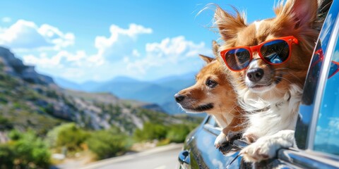 Wall Mural - Funny happy dog ​​and cat in glasses looking out of the car window while traveling with copyspace