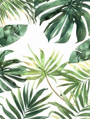 Wall Mural - Handpainted exotic leaf frame with delicate floral elements,soft watercolor palette,and simple white background,creating a peaceful,minimal aesthetic.
