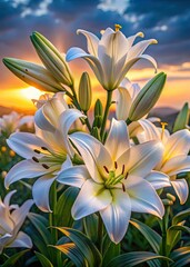 Wall Mural - Blooming white lilies against a sunset background.