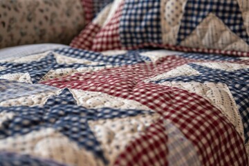 Wall Mural - Red, white and blue houndstooth quilt with star pattern Generative AI