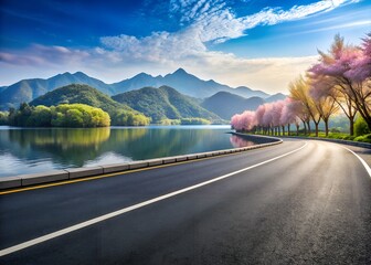 Asphalt road and mountain with lake natural scenery in Hangzhou, China.